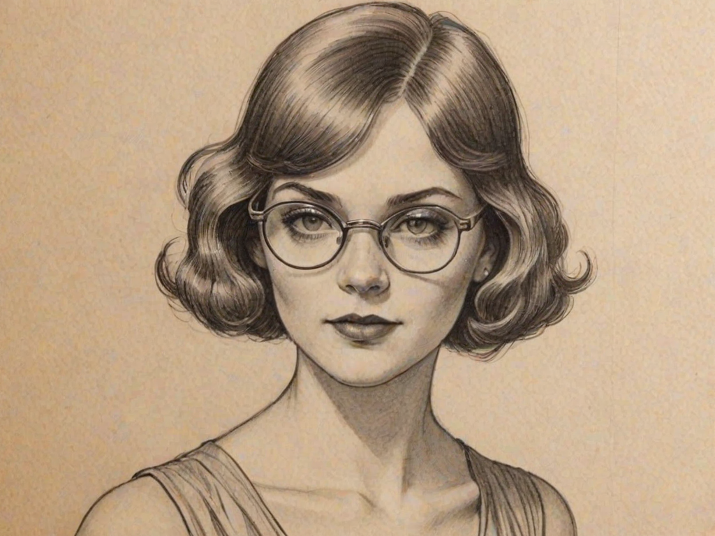 Beauteous Amiee Teegarden, pencil sketch, portrait of Bewitching woman 1920s in glasses, hair style beatnik, outline, clear lines, fine lines, 8k