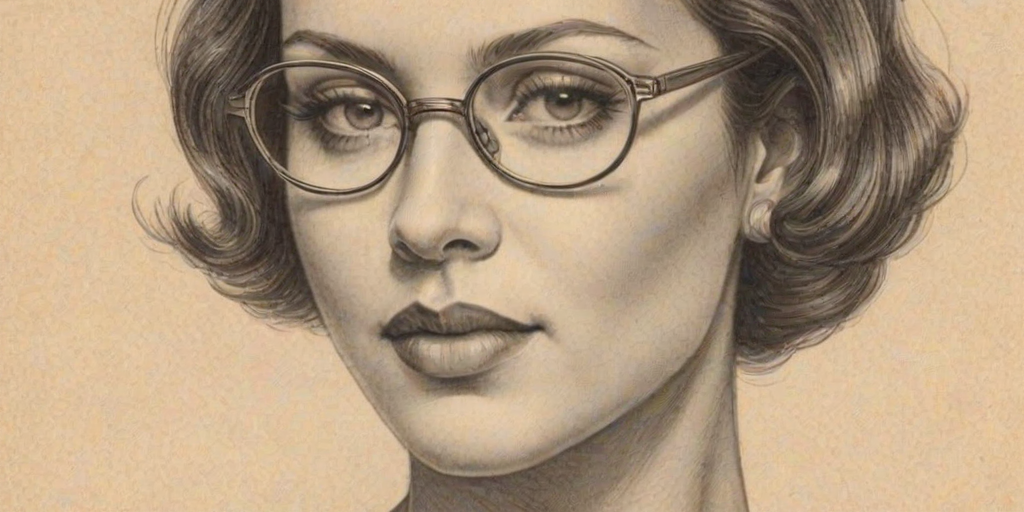 Graceful Tammy Townsend, pencil sketch, portrait of Graceful woman 1929s in glasses, hair style beatnik, outline, clear lines, fine lines, 8k
