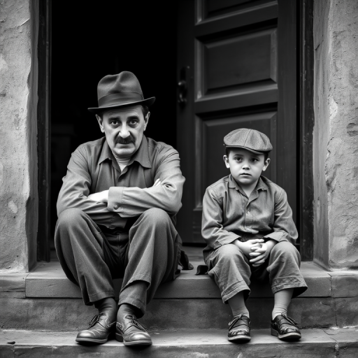 A black-and-white photograph of a man and a child sitting on steps in front of a doorway. The man is dressed as a tramp with a bowler hat, mustache, and ragged clothes, reminiscent of Charlie Chaplin's iconic look. He is sitting with his arms crossed and an expression of slight sadness or frustration. Next to him is a young boy, also in worn clothes and a cap, sitting with his hands clasped, looking thoughtful. The background is an old, textured wall and a partially open door, creating a vintage, early 20th-century atmosphere.