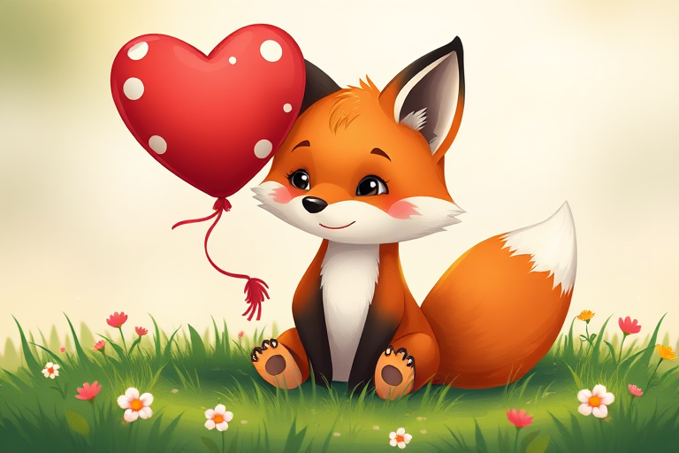 Create an illustration of a cute fox sitting on the grass, holding a red heart-shaped balloon with white polka dots, surrounded by small flowers and greenery, in a vibrant, cartoonish style, using a 50mm lens at f/2.8 to achieve a shallow depth of field, with soft lighting to enhance colors, and a high-resolution digital camera for crisp details.