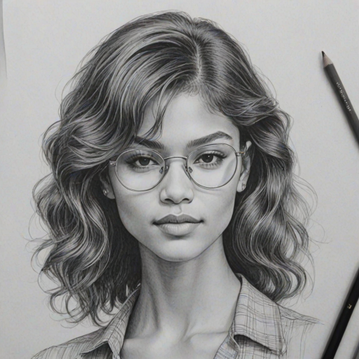 Superb Zendaya, pencil sketch, portrait of Magnificent woman 1980s in glasses, hair style beatnik, outline, clear lines, fine lines, 8k