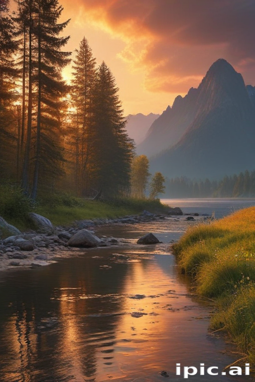 Tranquil Sunset Reflections Over a Serene Mountain River Landscape