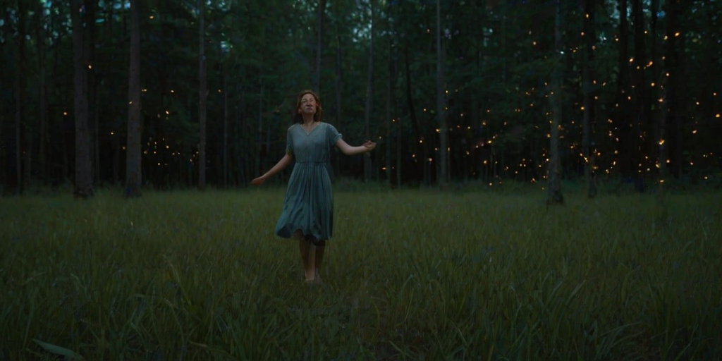 Quiet forest clearing at twilight, with fireflies beginning to flicker in the gathering darkness, a woman stands barefoot in the grass, her arms outstretched as she spins slowly in the fading light.