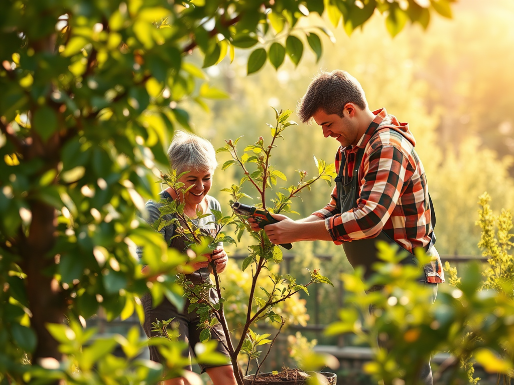 Create a digital illustration of two people pruning a tree in a garden, emphasizing their teamwork and the lush foliage, captured in a high-resolution, 85mm lens with a shallow depth of field to enhance the background details, using a soft natural light setting to create a warm atmosphere.