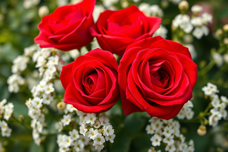 Create a vibrant and detailed image of three red roses surrounded by delicate white flowers, shot with a Canon EOS R5 at f/2.8, ISO 100, 50mm lens, with a macro view and soft natural lighting to enhance the colors and textures.