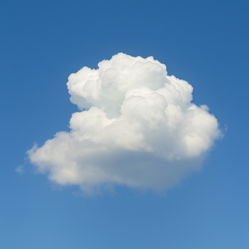 A fluffy white cloud against a clear blue sky, captured with a Canon EOS R5 at f/8, 1/200s, ISO 100, using a wide-angle lens for an expansive view, soft natural lighting to enhance detail and clarity.