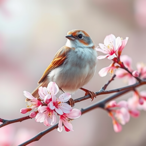 A realistic watercolor painting of a sparrow perched on a blooming branch, with soft pastel colors, taken with a Canon EOS R5, 85mm lens, f/1.8, ISO 100, natural light, shallow depth of field.