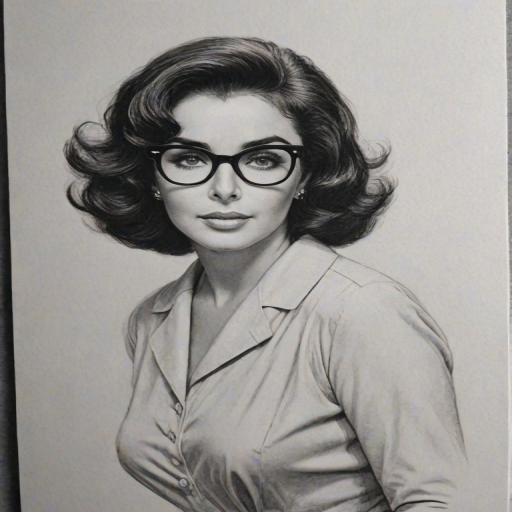 Attractive Elizabeth Taylor, pencil sketch, portrait of Resplendent woman 1976s in glasses, hair style beatnik, outline, clear lines, fine lines, 8k