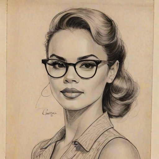 Beauteous Leslie Grace, pencil sketch, portrait of Appealing woman 1936s in glasses, hair style beatnik, outline, clear lines, fine lines, 8k