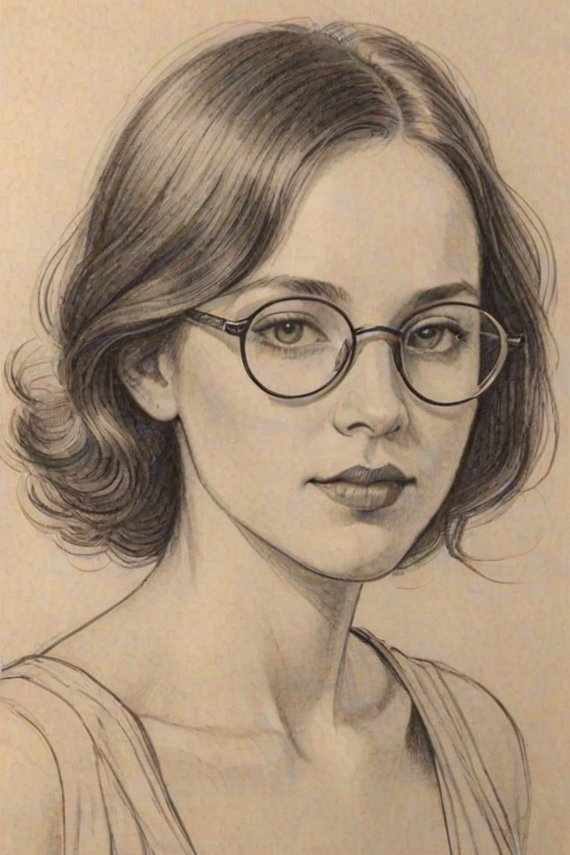 Magnificent Summer Walker, pencil sketch, portrait of Captivating woman 1924s in glasses, hair style beatnik, outline, clear lines, fine lines, 8k