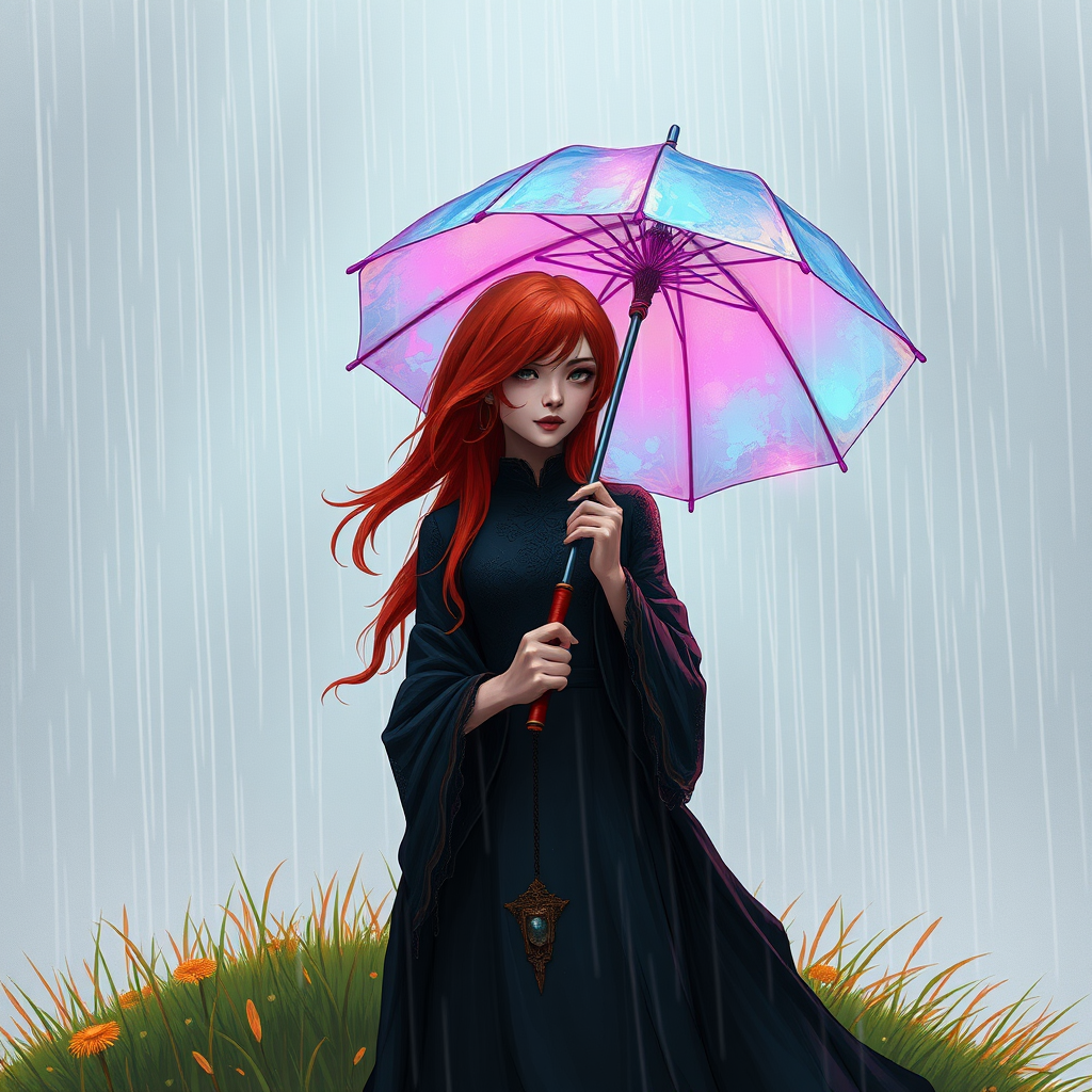 A surreal hand-drawn digital artwork depicting a mysterious red-haired woman standing on a grassy hill under the rain. She holds an umbrella crafted from iridescent zircon, its vibrant sheen contrasting with the soft, rainy atmosphere. The scene feels dreamlike, blending the natural elements of the hill and rain with the otherworldly shimmer of the umbrella.