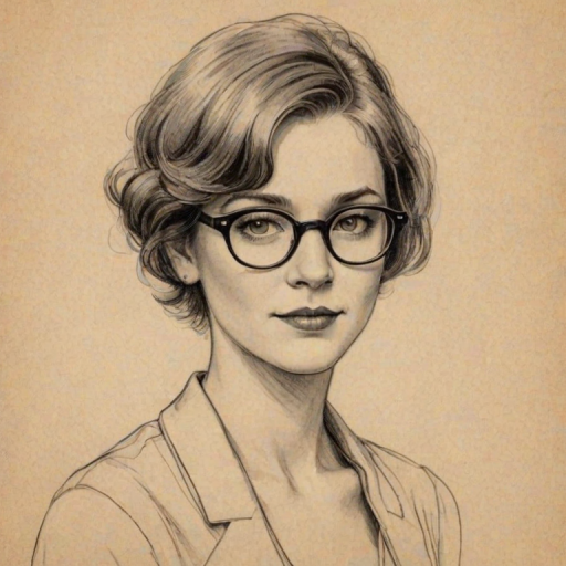 Charming Robyn, pencil sketch, portrait of Comely woman 1924s in glasses, hair style beatnik, outline, clear lines, fine lines, 8k