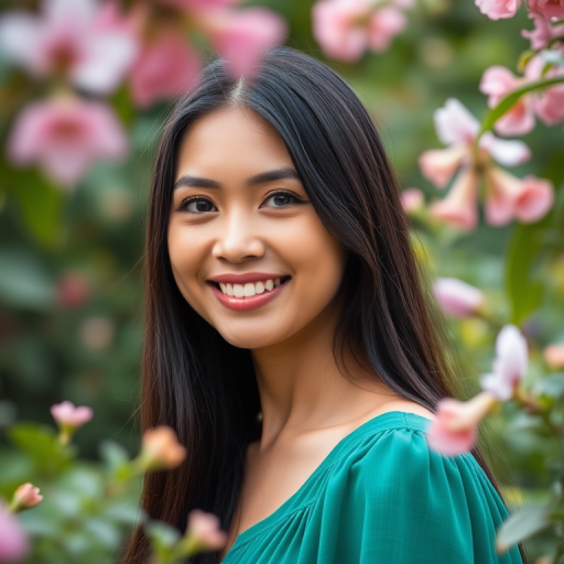 portrait of a smiling woman with long dark hair in a green dress, framed by flowers and foliage in a serene garden setting, shallow depth of field, f/1.8 aperture, 85mm lens, natural light, taken with a DSLR camera.