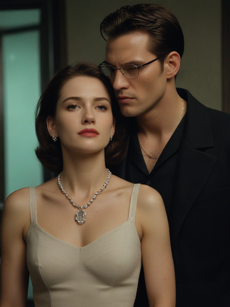 film noir scene, colored, the matrix color grading, couple, the man is putting a diamond necklace around the woman’s neck, he is standing behind her holding her neck, full body shoot, cinematic style
