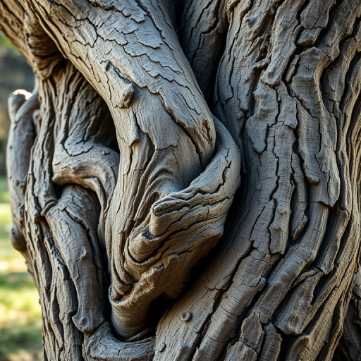 Generate a highly detailed close-up of a twisted, gnarled tree trunk with intricate bark textures, using a Canon EOS R5 camera, 50mm lens, f/2.8 aperture, ISO 100, in natural daylight, shot from a low angle to emphasize the organic shapes and shadows.