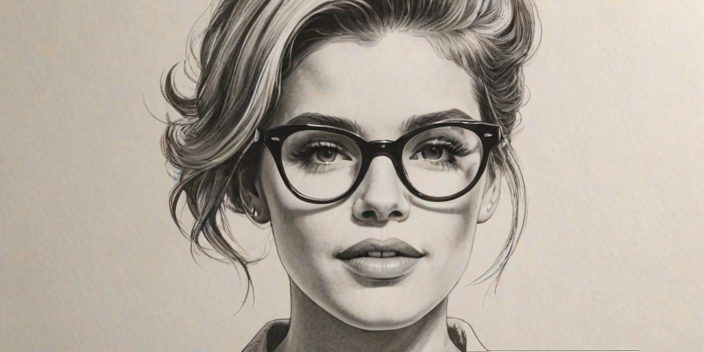 Attractive Halsey, pencil sketch, portrait of Delightful woman 1957s in glasses, hair style beatnik, outline, clear lines, fine lines, 8k