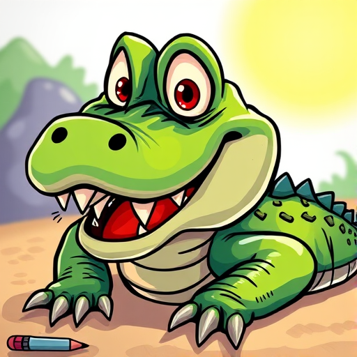 Draw a detailed cartoon crocodile with exaggerated features and a playful expression, using vibrant colors and a smooth texture, captured with a DSLR camera at f/4, ISO 100, 1/200s, in a close-up view with a bright, sunny background.
