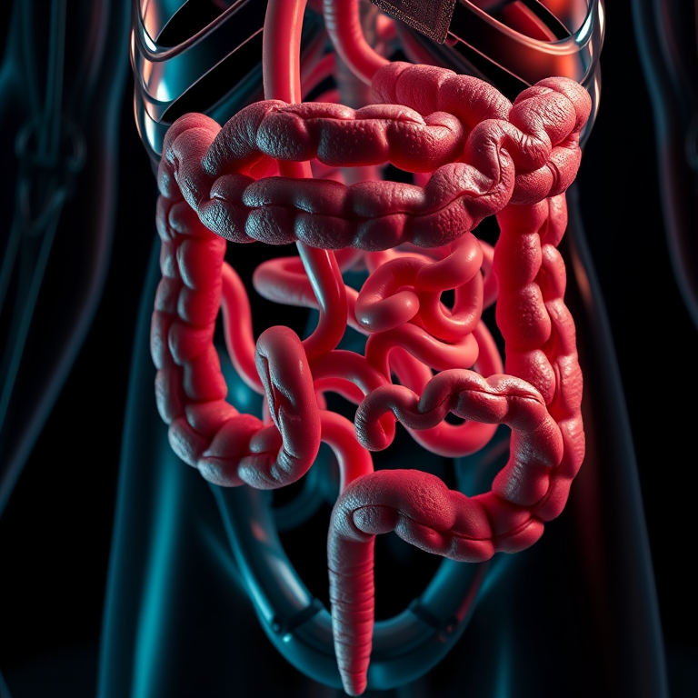 Create a highly detailed 3D render of the human intestines, using a Canon EOS R5 camera, 50mm lens, f/1.8 aperture, ISO 100, 1/200 sec shutter speed, with a dark background, high dynamic range, and realistic textures.