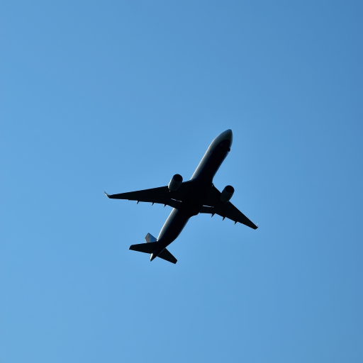 Create a high-quality silhouette image of an airplane flying against a clear blue sky using a DSLR camera with a focal length of 50mm, aperture set to f/8, ISO 100, shot from a low angle to emphasize the aircraft's profile.