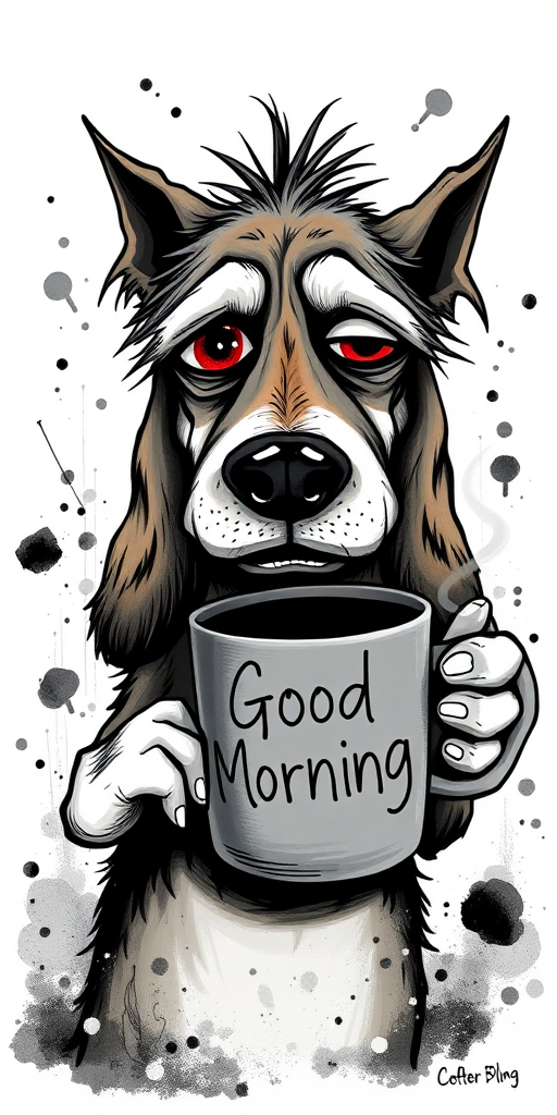 A quirky, artistic illustration of a disheveled bagle hound dog breed with exaggerated, large eyes and spiky fur, holding a coffee mug that reads "Good Morning". The dog has a tired but humorous expression, with ink splatters and abstract details surrounding it, giving a whimsical feel to the image. The color palette is mostly monochrome with hints of red in the eyes and steam rising from the mug, enhancing the overall sleepy vibe