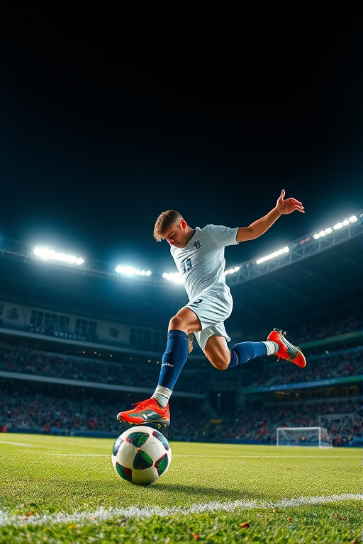 dynamic soccer player kicking a ball on a brightly lit stadium field, low angle view, 50mm lens, f/1.8 aperture, ISO 100, fast shutter speed, high dynamic range imaging