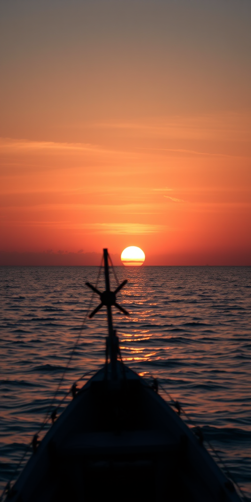 Capture a serene sunset view over the ocean with a fishing boat in the foreground, using a Canon EOS 5D Mark IV, 50mm lens, aperture f/8, ISO 100, shutter speed 1/200s, with a warm color palette and soft focus for a tranquil atmosphere.