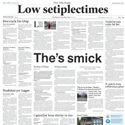 Create a detailed newspaper layout featuring headlines and articles with crisp black text on a white background, camera settings: aperture f/8, shutter speed 1/125s, ISO 200, camera view top-down, camera style editorial, camera type DSLR.