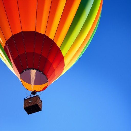Create an image of a colorful hot air balloon with bright red, orange, yellow, green, and blue stripes against a clear blue sky, captured with a Canon EOS R5 camera, 50mm lens, f/2.8 aperture, 1/2000 sec shutter speed, and ISO 100 for optimal clarity and vibrancy.