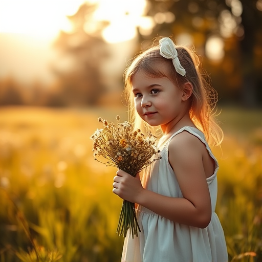 Soft-focus image of a young girl holding a bouquet of wildflowers in a sunlit meadow, soft golden light filtering through the trees, with distant mountains barely visible in the background.