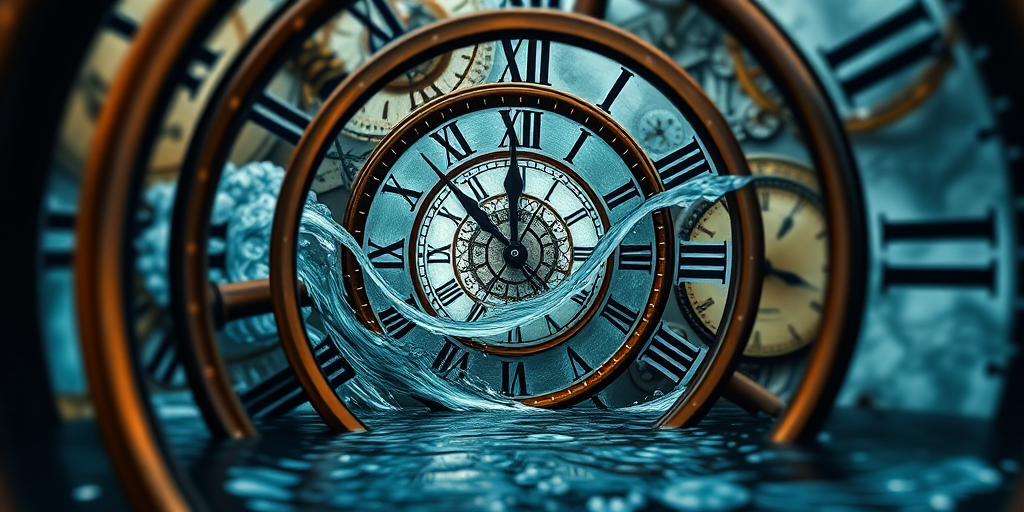 Create a highly detailed surrealistic image of an intricate clock with spiral elements and a blend of water and clock faces in the background, captured with a Canon EOS R5, 24mm lens, f/2.8 aperture, ISO 100, 1/125s shutter speed, using HDR photography style to enhance dynamic range and clarity.