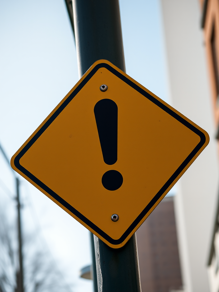 Create a high-resolution image of a yellow warning sign with a black exclamation mark in the center, captured using a DSLR camera with a 50mm lens, aperture of f/8, shutter speed 1/125 sec, ISO 100, taken from a straight-on perspective with natural lighting for clarity and detail.