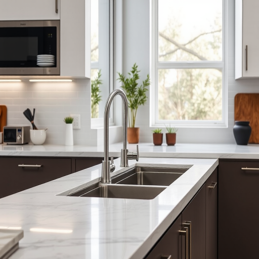 Create a high-resolution image of a modern kitchen sink with a stylish countertop and cabinets, with natural lighting, shot with a DSLR camera at f/2.8, ISO 100, shutter speed 1/60s, in a wide-angle view for enhanced detail and clarity.