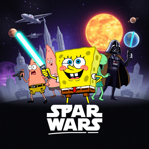 Create a parody of the Star Wars poster with SpongeBob as Luke Skywalker, holding a glowing spatula like a lightsaber. Patrick Star takes the role of Han Solo, holding a blaster, while Squidward is Obi-Wan Kenobi, draped in robes. In the background, Plankton appears as Darth Vader, with Bikini Bottom’s landmarks reimagined as spaceships and planets. The iconic Star Wars logo is swapped for "Sponge Wars," creating a playful, sci-fi adventure scene.