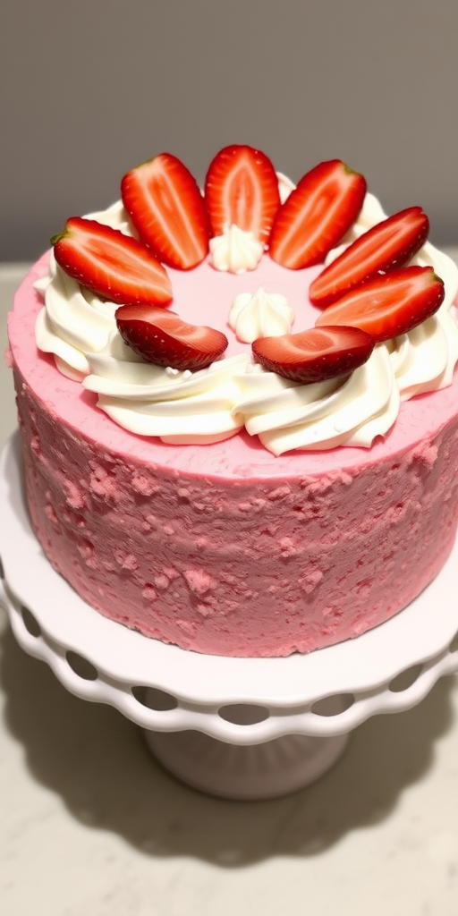 A beautifully decorated cake with a textured pink crumb coating topped with swirls of white frosting and fresh strawberry halves arranged on top, set on a decorative white cake stand.