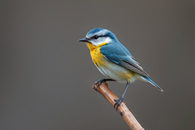 regenerate an image of a small blue and yellow bird perched on a wooden branch with a blurred gray background, using a DSLR camera with a 100mm lens, f/2.8 aperture, ISO 200, and a natural light setting.