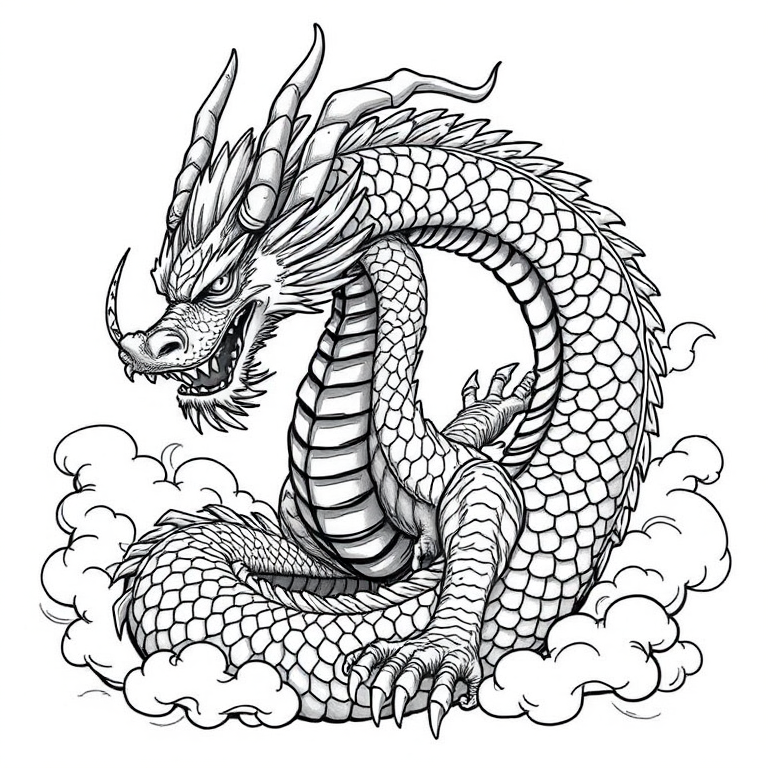 Regenerate a detailed illustration of a dragon in a dynamic, twisting pose with intricate scale patterns and flowing mane, featuring a fierce expression and surrounded by stylized clouds.