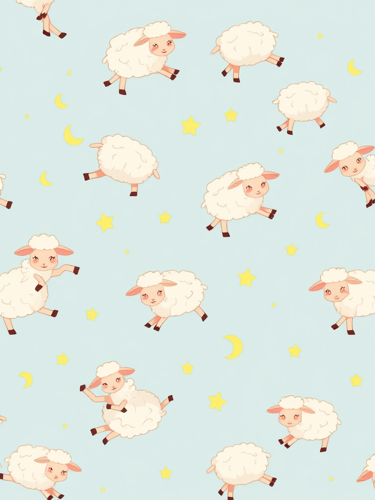 Create a seamless pattern featuring whimsical, cartoon-style sheep in pastel colors, playfully jumping across a light blue background with small yellow stars and crescent moons, using macro photography settings with a Canon EOS R, aperture f/2.8, ISO 200, 50mm lens for enhanced detail and vibrancy.