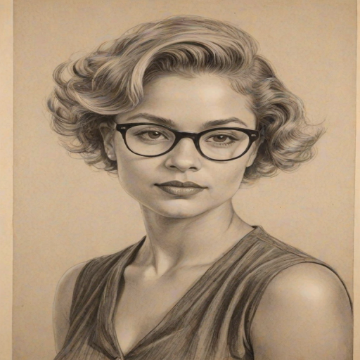 Attractive Emmy Raver-Lampman, pencil sketch, portrait of Lovely woman 1932s in glasses, hair style beatnik, outline, clear lines, fine lines, 8k