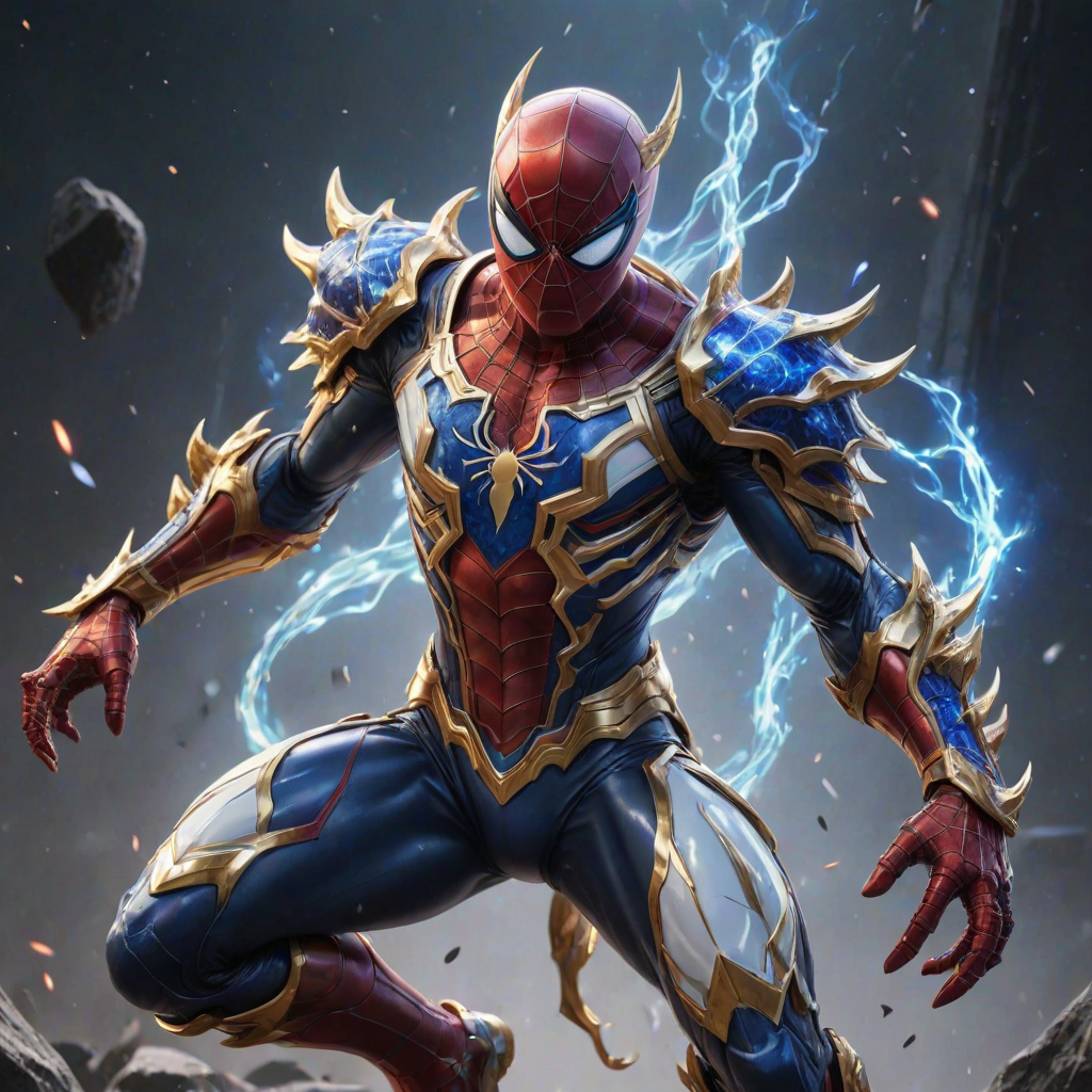 A high-budget, anime-style wallpaper featuring Spiderman in an epic White, blue red Kirin armor. Golden dragon gloves, the gloves is in the shape of dragon heads, Golden dragon head gloves, White glossy eyes, The armor is designed with metallic details that reflect light, showcasing intricate Kirin motifs. Spiderman's armor is a striking gradient of blue, red and white, with Colorful galaxy inner sections, making it look both powerful and sleek. The background is flat white, with Kirin-shaped blue-violet glowing rune relic to give the impression power, striking pose, the Kirin's armor is dominantly in white, with some details in blue and red, Cinematic anime action scene, cinematic action pose, medium shot action portrait, dramatic effect of shadow and light.