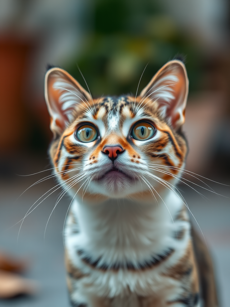 Generate a high-resolution image of a stylized cat, camera settings of f/1.8 aperture, 1/200 sec shutter speed, ISO 100, shot with a 50mm lens in a soft focus style using a DSLR camera from a slight upward angle.