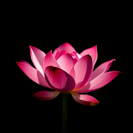 A single pink lotus flower illuminated softly against a dark background, captured with a Canon EOS R5, 85mm f/1.2 lens, aperture at f/2.8, ISO 100, shallow depth of field to highlight the flower's details, in a soft focus style with natural light.