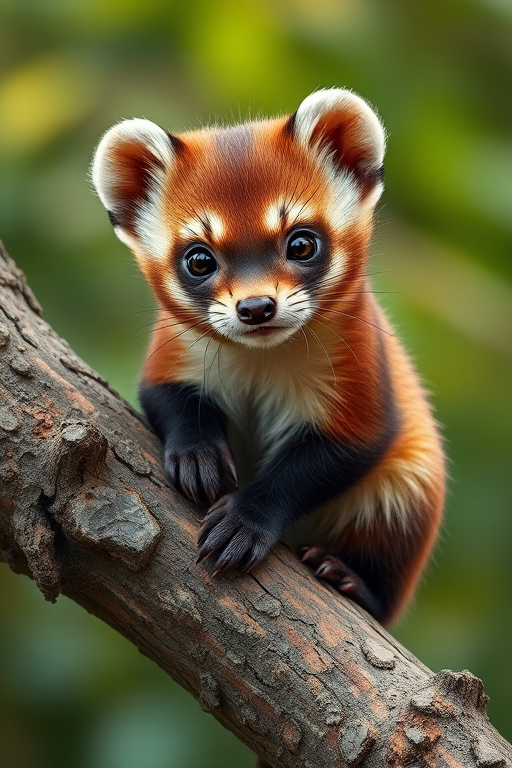 Create a detailed, high-resolution illustration of a playful marten perched on a tree branch, using a DSLR camera with a 50mm lens, f/2.8 aperture, ISO 100, and natural lighting to enhance texture and color vibrancy, in a close-up perspective to capture intricate details.