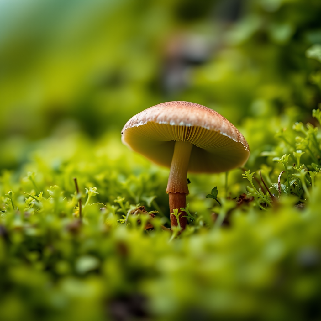 Capture a close-up of a single mushroom growing in lush green moss with a shallow depth of field, using a macro lens (f/2.8), ISO 200, shutter speed 1/200 sec, natural lighting, and a DSLR camera for enhanced image quality.