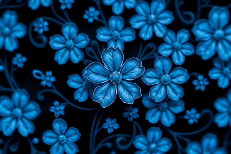 Generate a detailed and high-resolution image of intricate blue floral patterns on a black background, using a DSLR camera, with a 50mm lens, aperture set to f/2.8, ISO 100, and a soft focus effect for enhanced depth and detail.