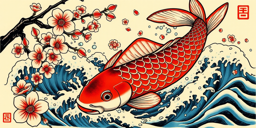 Traditional Japanese tattoo "Koi's Ascension" featuring a vibrant koi fish swimming upstream through cherry blossoms and turbulent waves, rendered in bold colors and clean black outlines