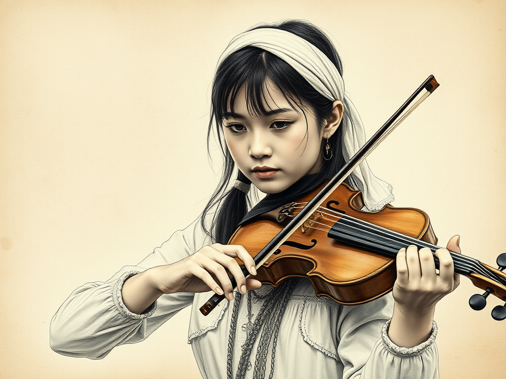 a young Kyrgyz woman with a white headband playing a violin, in the style of a charcoal drawing, sepia grunge background