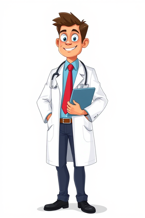Create a digital illustration of a male doctor standing upright, wearing a white lab coat, holding a clipboard, with a light blue shirt and a red tie, in a cartoon style, use a vibrant color palette, enhance with soft shadows and highlights, capture in a 3D style, using a wide-angle view, with high resolution settings (4000x4000), and ensure it has a clean, professional look.