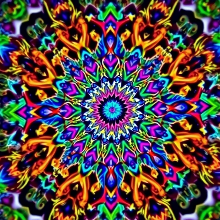 Create a vibrant fractal mandala with intricate patterns and vivid colors, using a DSLR camera with a 50mm lens, f/1.8 aperture, ISO 100, 1/60 sec shutter speed, captured from a close-up view, in high-resolution.