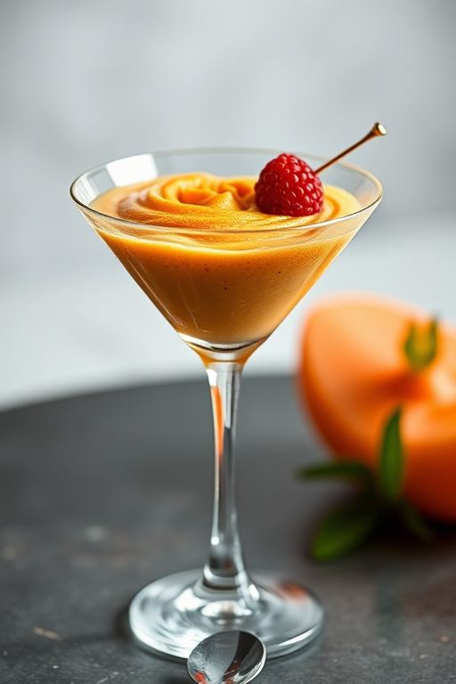 Create a high-resolution digital illustration of a dessert cocktail in a martini glass, with a textured orange mousse topped with a raspberry garnish, using a Canon EOS 5D Mark IV, 50mm lens, f/1.8 aperture, natural lighting, shot at eye level.