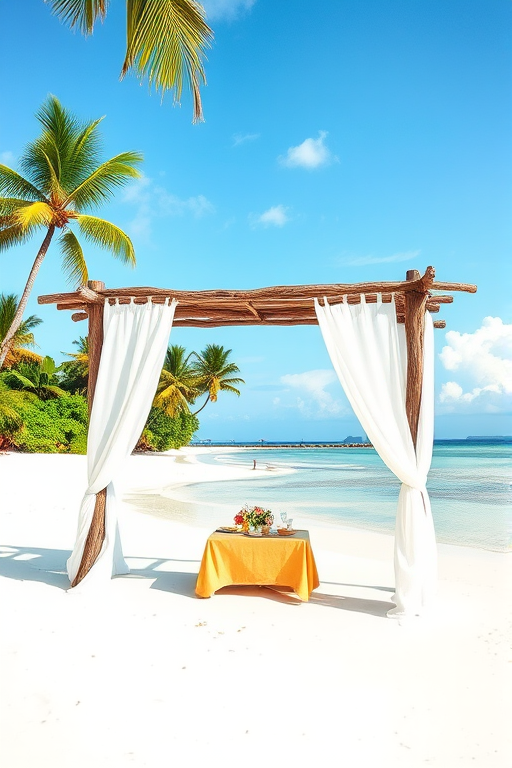 Create a picturesque tropical beach scene featuring a serene, white sandy shore. In the foreground, there's a rustic wooden canopy with white drapes gently flowing in the breeze. Underneath the canopy, a table is set with tropical decor, evoking a sense of relaxation and leisure. The beach extends into a calm, shallow water area with reflections of the sky and surroundings. Palm trees and lush greenery line the edge of the beach, providing a natural, tropical backdrop. The sky is clear with a few scattered clouds, and the overall atmosphere is tranquil and inviting, perfect for a peaceful retreat.